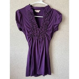 Purple‎ Ruffled V Neck Short Sleeve Empire Waist Tunic Top Women's Small